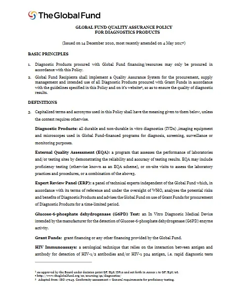 Global Fund Quality Assurance Policy for Diagnostics Products